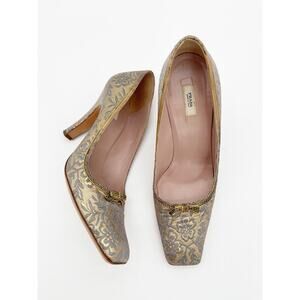 Prada Vintage Retro Gold Floral Brocade Snakeskin Bow Square Toe Heels IT 38